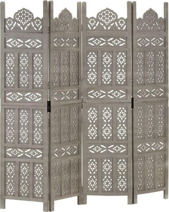 vidaXL Biombo 4 Paneles Tallado A Mano Madera Mango Gris 160x165 Cm Vidaxl