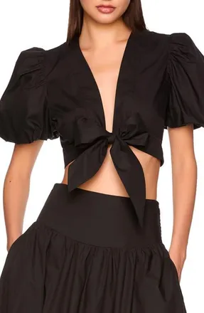 Susana Monaco Bubble Sleeve Tie Front Cotton Poplin Top in Black at Nordstrom, Size X-Small