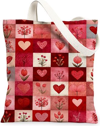 Generic ValentineS Floral Canvas Tote Bags, Heart Pattern Reusable Grocery Bags, Lightweight Washable Shoulder Strap Canvas for Tr, Red, 13x15 Inch