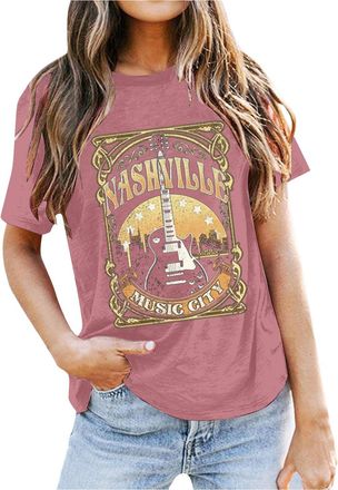 Generic Women Country Music Shirts Nashville Concert Outfit Vintage Guitar Music City Tshirts Short Sleeve Summer Tees Tops 2025 New Blouses for Women UK Tops