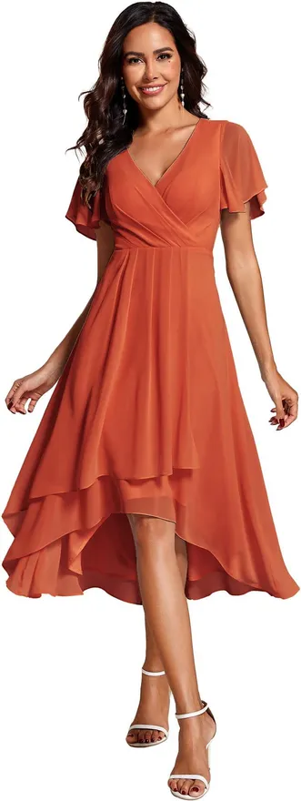 Ever-pretty Womens Chiffon V-Neck Short Wedding Guest Dress with Ruffled  Sleeves Burnt Orange 24UK from 59.99 - on Stylight