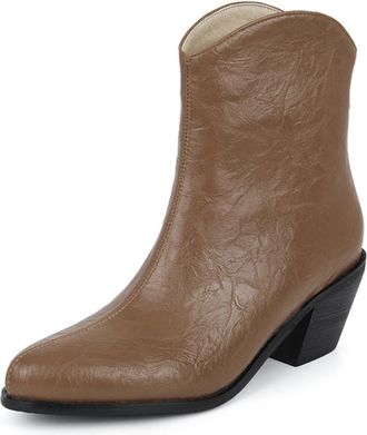 Generic Womens Retro Crinkled Leather Ankle Boots with Chunky Cowboy Heel Pointed Toe Side Zipper Design for Daily Streetwear Weekend,Yellow,3.5 UK