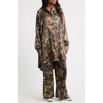 Dressed in Lala Camo Leaf Print Oversize Satin Button-Up Shirt & Pants Set at Nordstrom, Size Xx-Large
