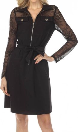 Joseph Ribkoff Floral Lace Sleeve Belted Shirt Mini Dress In Black