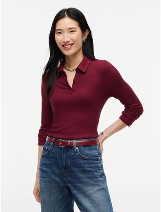 Tommy Hilfiger Womens Slim Fit Rib-Knit Polo - Burgundy - XL
