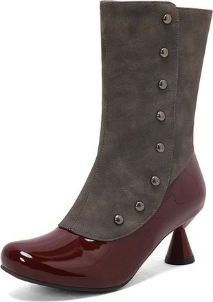 Generic Womens Round Toe Short Boots with Rivet Cone Heel Vintage Boots PU Leather Mid-Calf Boots with Zipper,Burgundy,8.5 UK