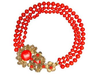 Miriam Haskell Red Three Strand Glass Bead Necklace Size XS
