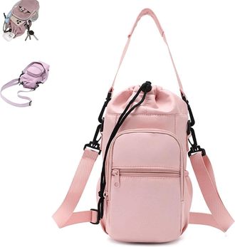 Generic Large Capacity Water Bottle Shoulder Bag, Multi-Pocket Storage Holder for 40oz Bottle, Lightweight for Hiking Camping Travelling (Pink)