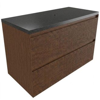 Saniclass Holz Atelier Badkamermeubelset - 100x45x63cm - Noche basalten wastafelblad gepolijst (zwart) - zonder kraangat - 2 lades - mat walnut pure (hout)