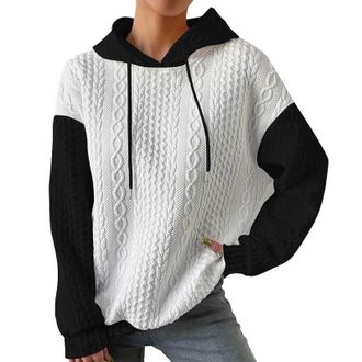 Generic Y2k Thickened Hoodies for Women UK Plus Size Solid Plush Spliced Jacquard Pocket Drawstrings Jumpers Black Fleece Long Sleeves Pullover Sweatshirts Wi