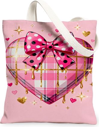 Generic Heart Pattern Canvas Tote Bags, Cute Plaid Bow Design Reusable Grocery Bags, Stylish Lightweight Washable Shoulder Strap Ca, Peach, 13x15 Inch