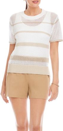 Fifteen Twenty Faye Stripe Short Sleeve Mesh Stitch Sweater in Cream/Khaki at Nordstrom, Size X-Small