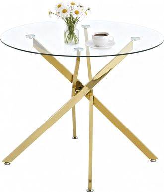 STILVORA Mesa De Comedor Redonda En Vidrio Y Metal Con Superficie De Vidrio Templado, Patas Cruzadas Y Almohadillas Ajustables - 80&times;80&times;76 Cm, Dorado