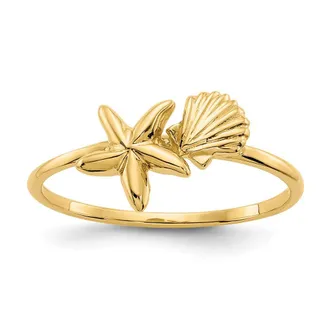 Diamond2Deal 14k Yellow Gold Polished Shell & Starfish Ring