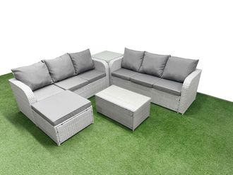 Fimous Outdoor Garden Furniture Sets 7 Seater Wicker Rattan Furniture Sofa Sets w/ Rectangular Coffee Table high Back Lounge Sofa Big Footstool Side