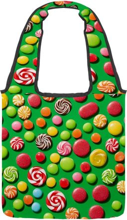 Generic Green Candy Pattern Reversible Canvas Shoulder Tote - Double-Sided Print, 12oz Cotton, 27cm Drop, Fold-Flat Bag for Travel, Shopping, Street Outings