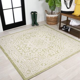 Jonathan Y Designs Sinjuri Medallion Textured Weave Indoor/Outdoor Green/Cream Square Area Rug