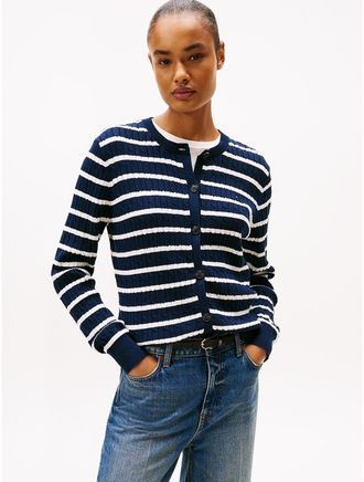 Tommy Hilfiger Womens Stripe Cable Knit Cardigan - Blue - XXL