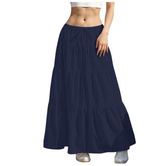 Generic Women Flowy Flared Ruffle Boho Long Skirt Elastic Waist A-Line Summer Maxi Beach Skirt Elegant Festival Summer Full Length Swing Ruched Ruffled Skirts