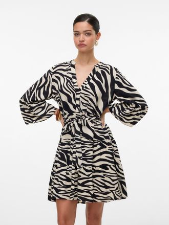 Vero Moda Tunikakleid VERO MODA VMMELBA 3/4 SHORT BELT DRESS WVN GA NOOS, Damen, Gr. S, N-Gr, oatmeal aop:sia zebra schwarz, Web, Obermaterial: 100% Viskose, be