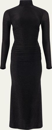 Carolina Herrera Ruched Shimmer-Knit Turtleneck Midi Dress