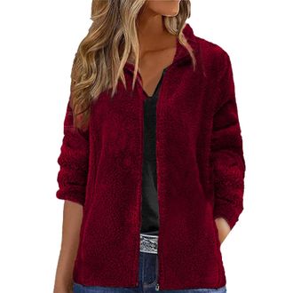 Generic Womens Fleece Jackets Full Zip with Pockets - Womens Fuzzy Fleece Coat Solid Color Jackets for Women No Hood Trendy Turndown Collar Womens Cardigans L