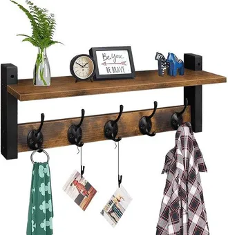OEM Estanter&iacute;a De Pared, Perchero De Madera Con Estantes, Con 5 Ganchos Met&aacute;licos, Lavaderos Y Dormitorios, Color Marr&oacute;n Y Negro Vintage