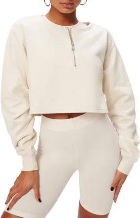 Good American Collarless Half Zip Sweatshirt in Bone001 at Nordstrom, Size 6