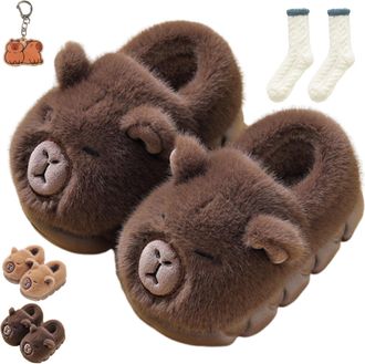 Generic Capybara Slippers, Plush Cartoon Slippers with Non-Slip Thick Sole, Winter Warm Comfortable for Women (Dark brown, UK, Adult, Women, 6.5, Numeric Rang