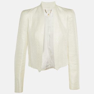 Elisabetta Franchi White Textured Patterned Cotton Open Blazer
