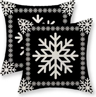 OEM Fundas De Almohada Navide&ntilde;as De 45 X 45 Cm, Juego De 2 Piezas, Estampado De Copos De Nieve, Ribete R&uacute;stico De Lino Navide&ntilde;o, Aptas Para Cojines Decora