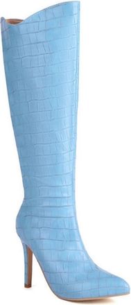 Generic Womens Pointed Toe Stiletto Heel Pumps Shoes Wide Calf Pull On Fashion Knee High Boots for Casual and Party (7.5,Blue)