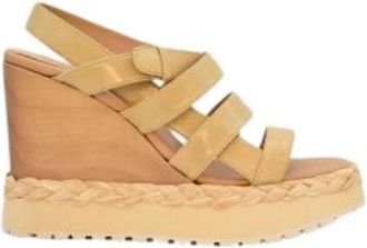 Paloma Barcel&oacute; Sandalo in pelle torrone con listini zeppa legno fondo micro-corda - Dames - Sleehakken - Bruin - 39 EU - Leer - Schoenen