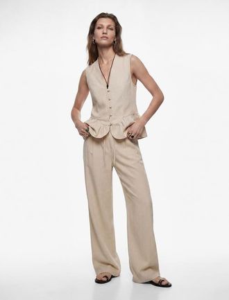 Koton V-Neck Sleeveless Linen Peplum Vest in Beige at Nordstrom, Size 10