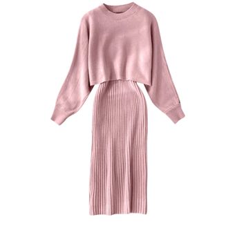 Generic Womens Knitted Two Piece Set Bodycon Dress Pullover Top and Midi Skirt Co Ord Set Elegant Ribbed Knit Outfit Casual Workwear Winter Sweater Dress Suit