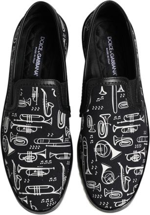 Dolce & Gabbana Black Slip On Printed Men Loafers Shoes Cotton Leather