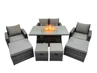 Fimous Outdoor Love Sofa Set 8 Seat & Gas Firpit Dining Table 3 Footstools in Dark Grey