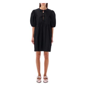 Ganni Short Dresses, female, Black, Size: S Tie String Poplin Mini Dress