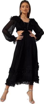 IXIAH Zwarte Zinna Midi Jurk - Dames - Feestkleedjes - Zwart - 2XS - Chiffon - Kleedjes