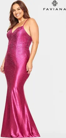 Faviana Satin Lace-Up Back Maxi Dress - Plus In Raspberry