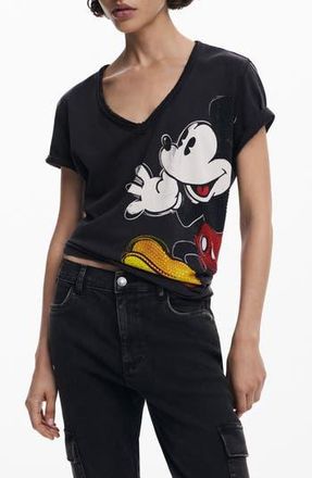 Desigual Mickey Mouse Embellished V-Neck T-Shirt in Black at Nordstrom Rack, Size Large