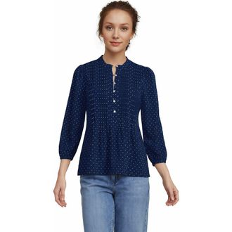 Lands End Lightweight Jersey Button Pintuck Top in Ivory/blue Bouquet at Nordstrom, Size X-Small P