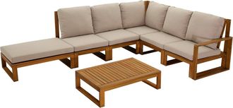 Miliboo Conjunto De Jard&iacute;n Esquinero De Madera Maciza 6-8 Plazas Con Cojines Desenfundables Color Topo Natural Salsa