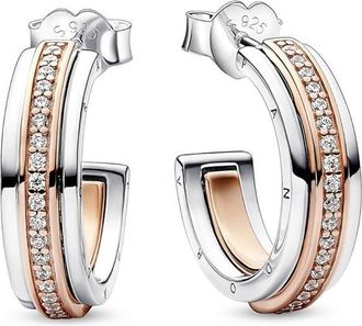 Pandora Signature Two tone Logo & Pave Hoop Earrings