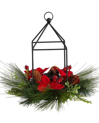 Nearly Natural 14In Christmas Poinsettia, Berry And Pinecone Metal Candle Holder Christmas Artificial Table Arrangement