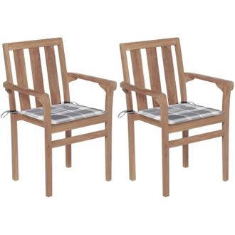 vidaXL Sillas De Jard&iacute;n 2 Uds Madera Teca Con Cojines A Cuadros Gris Vidaxl