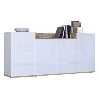 Dmora Aparador Swink, Mueble 6 Estantes, Puertas Batientes Made In Italy, 4 Puertas, 160x35x70h Cm Blanco Brillo