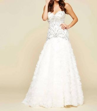 Mac Duggal Ruffled Rhinestone Embellished Gown In Ivory