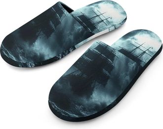 Generic Huge Ship of The Middle Ages Mens Slippers Flannel Warm House Shoes with Rubber Anti-Slip Sole Slip On for Home Outdoor