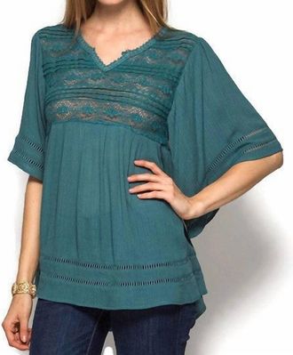 She + Sky Lace And Crochet Trim Top In Dusty Blue